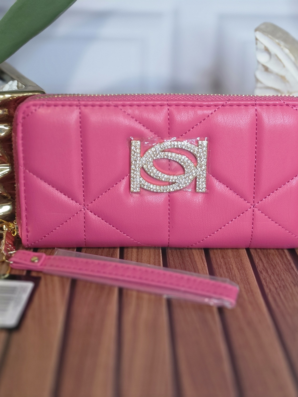 NWT Bebe Hot Pink Zip Around Wallet Rhinestone Logo Wristlet Quilted